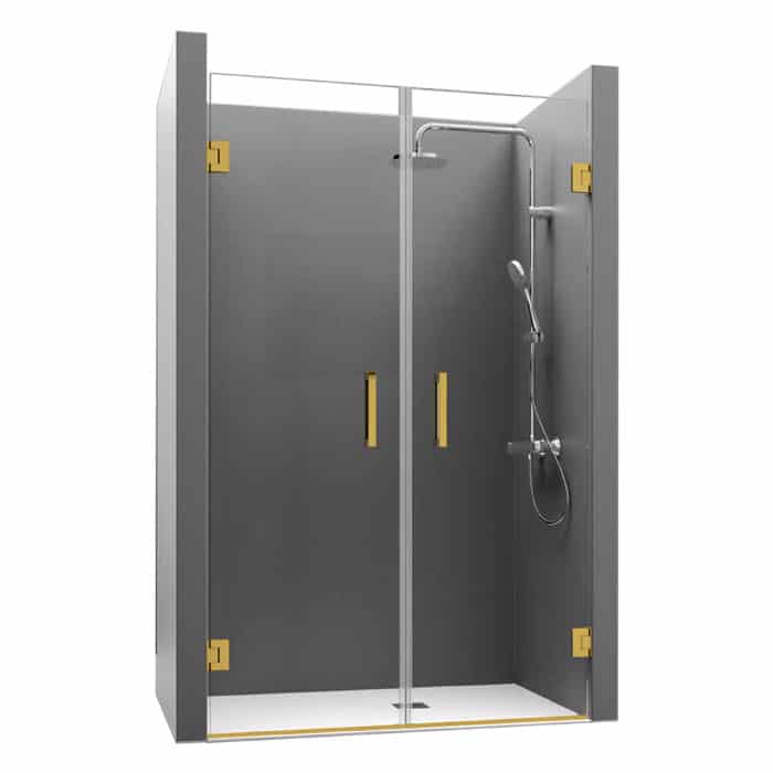 Cabine de douche pivotante 120 ou 140 x 70, 80, 90 ou 100 cm, doré brossé,  Arena